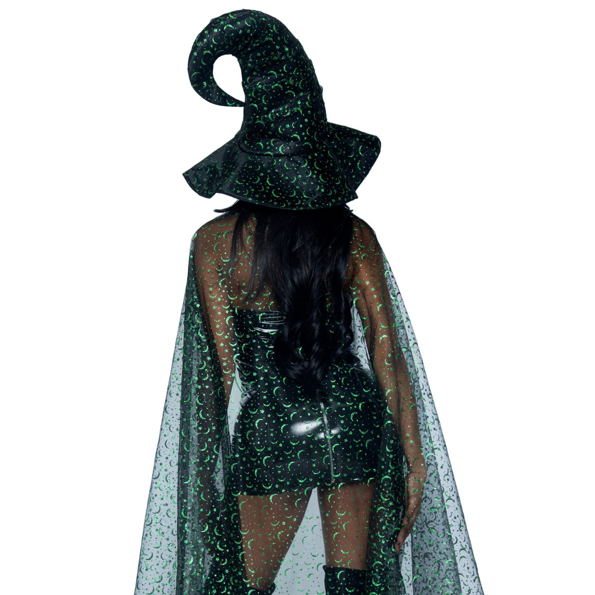 Close back view of black and green glitter moon cape and witch hat kit - Golddiggers Boutique
