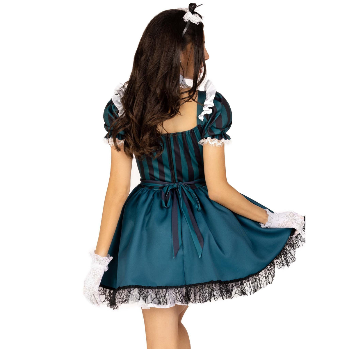 Close back view of black and green striped Victorian maid costume with apron - Golddiggers Boutique