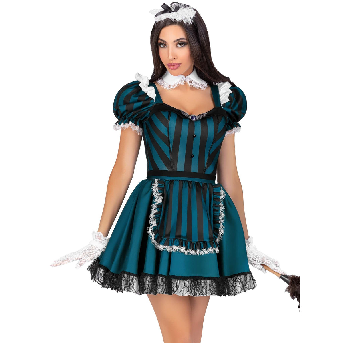 Close front view of black and green striped Victorian maid costume with apron - Golddiggers Boutique