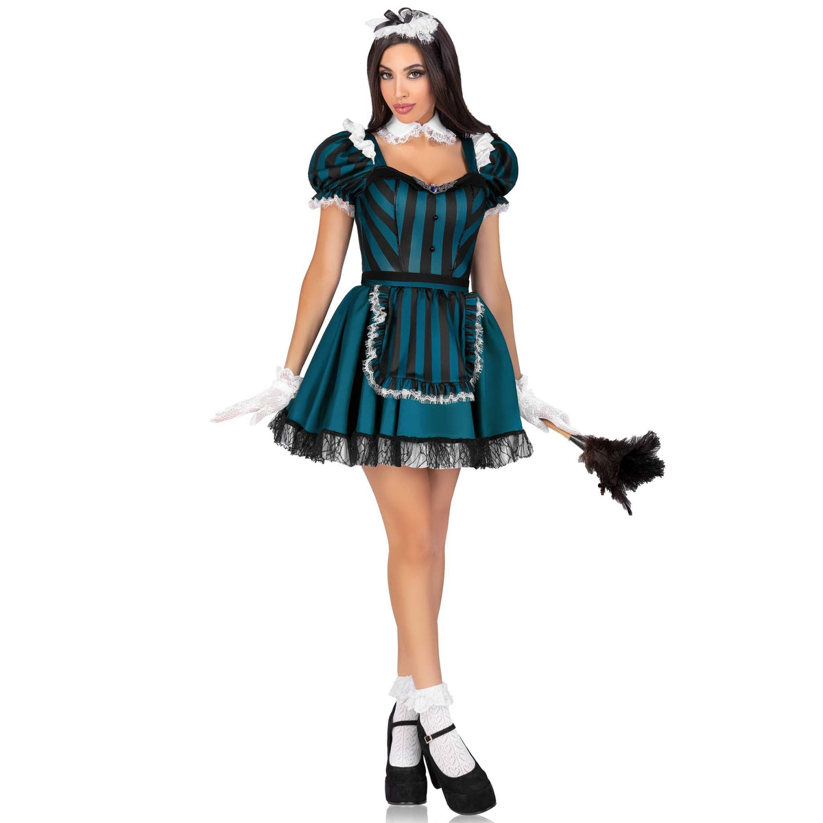 Front view of black and green striped Victorian maid costume with apron - Golddiggers Boutique