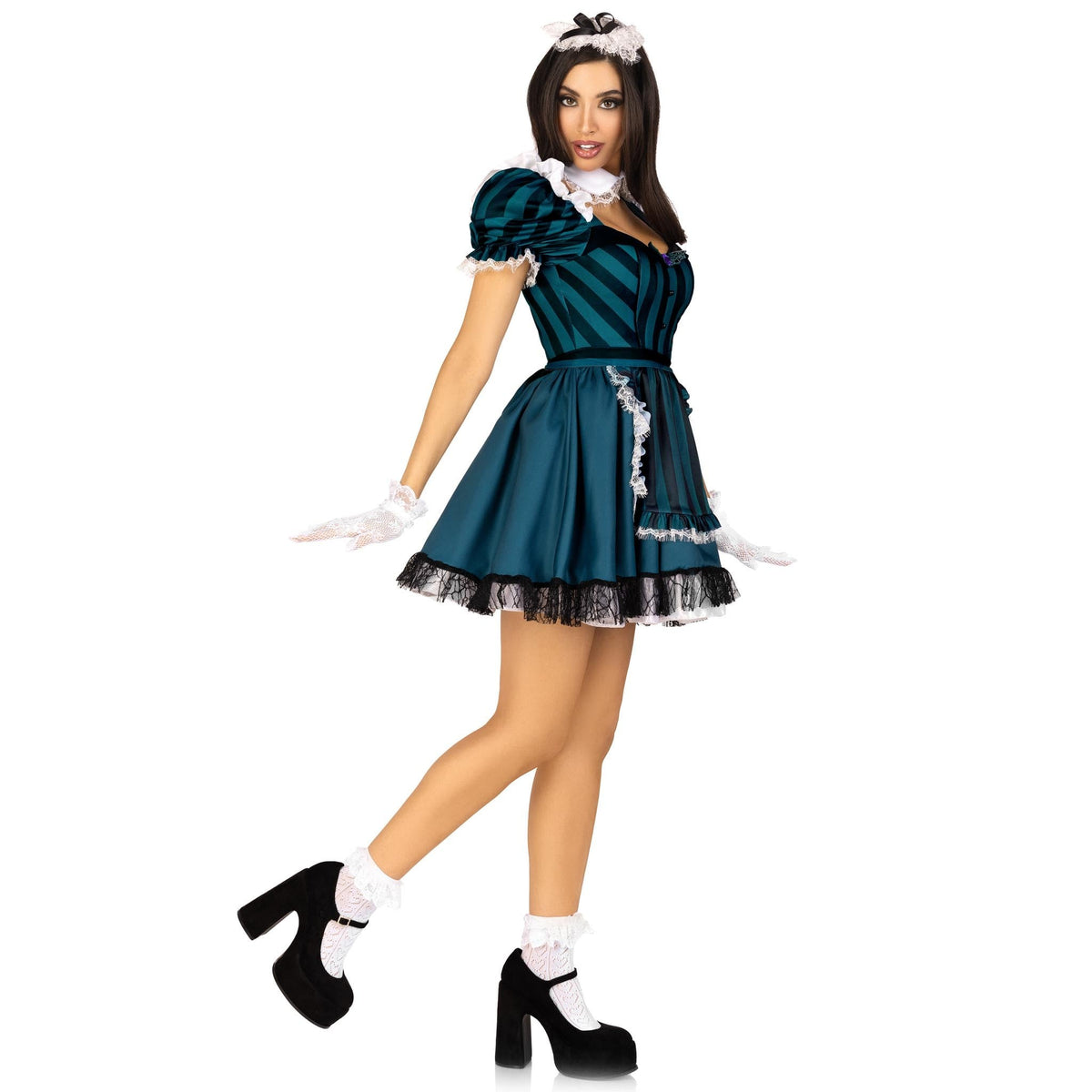 Side view of black and green striped Victorian maid costume with apron - Golddiggers Boutique