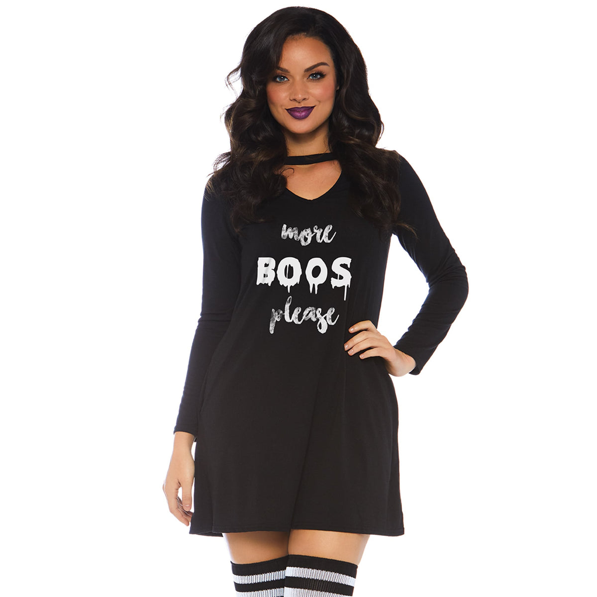 Close-up front view of black halloween slogan jersey dress costume - Golddiggers Boutique