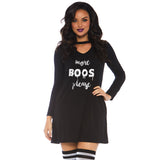Close-up front view of black halloween slogan jersey dress costume - Golddiggers Boutique