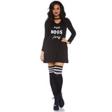 Front view of black halloween slogan jersey dress costume - Golddiggers Boutique