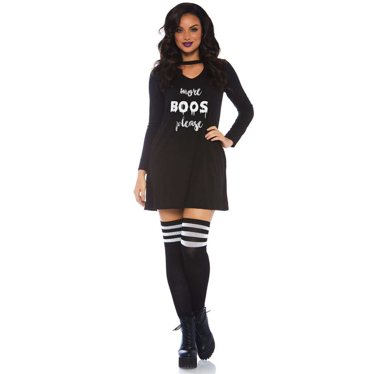 Front view of black halloween slogan jersey dress costume - Golddiggers Boutique