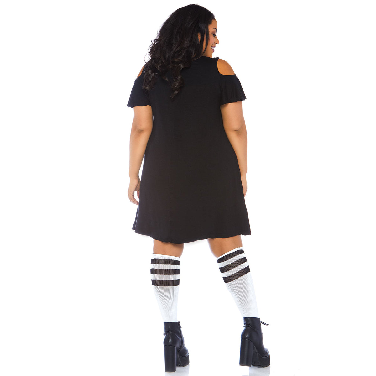 Back view of black halloween slogan jersey dress costume in plus size - Golddiggers Boutique