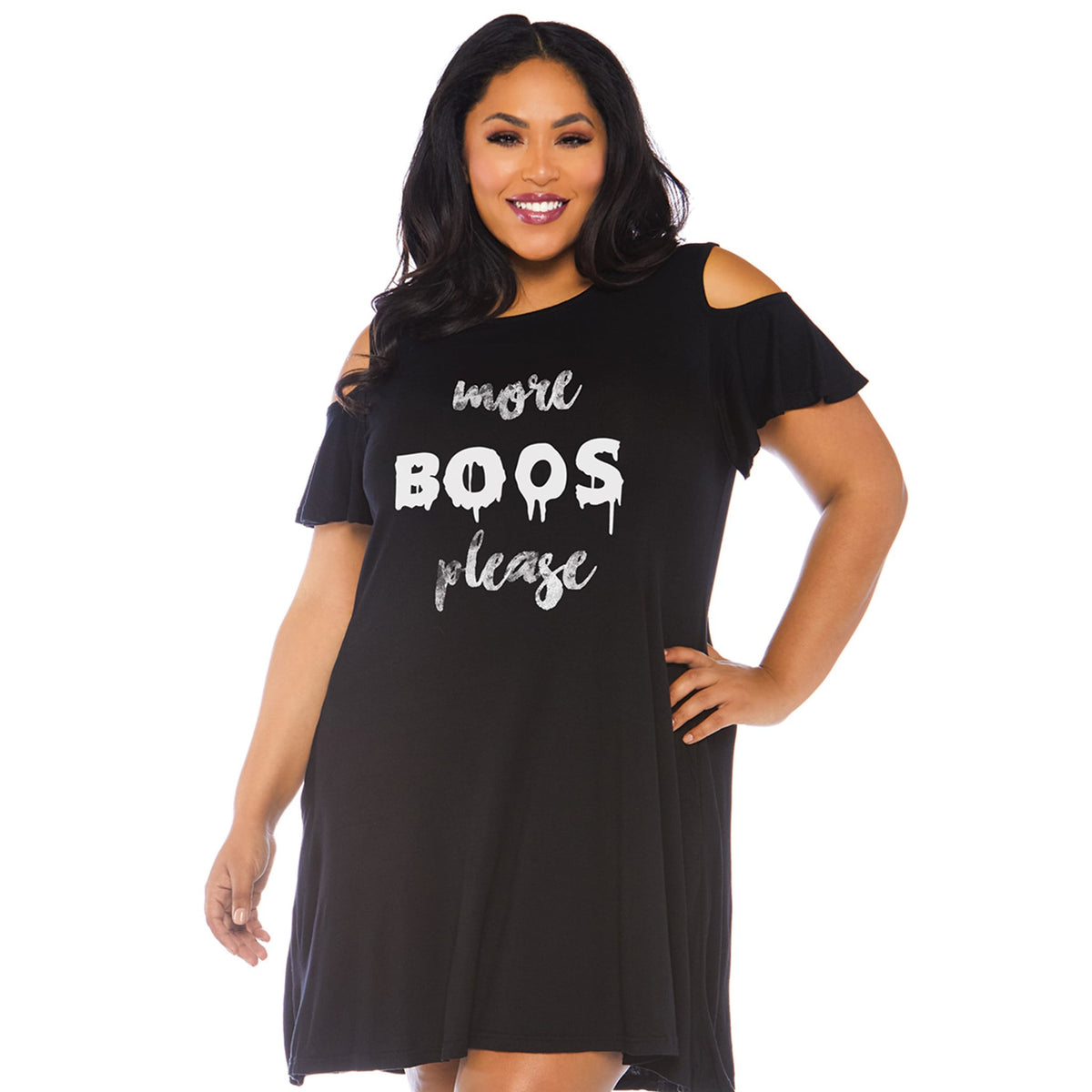 Close-up front view of black halloween slogan jersey dress costume in plus size - Golddiggers Boutique