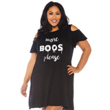 Close-up front view of black halloween slogan jersey dress costume in plus size - Golddiggers Boutique