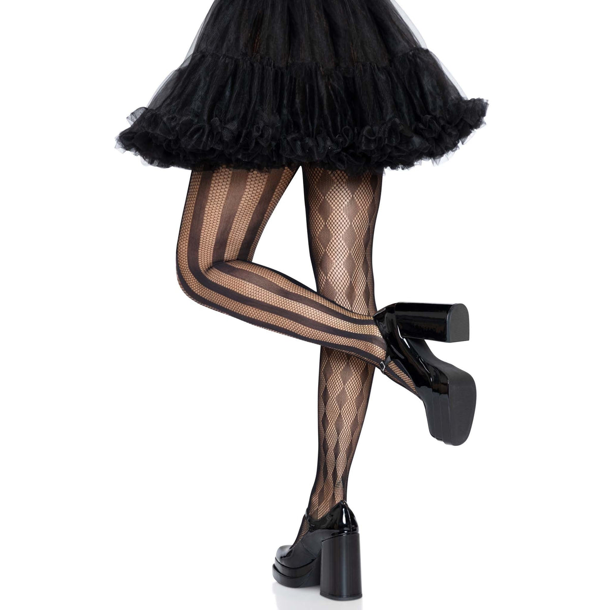 Back view of black harlequin stripe net tights - Golddiggers Boutique