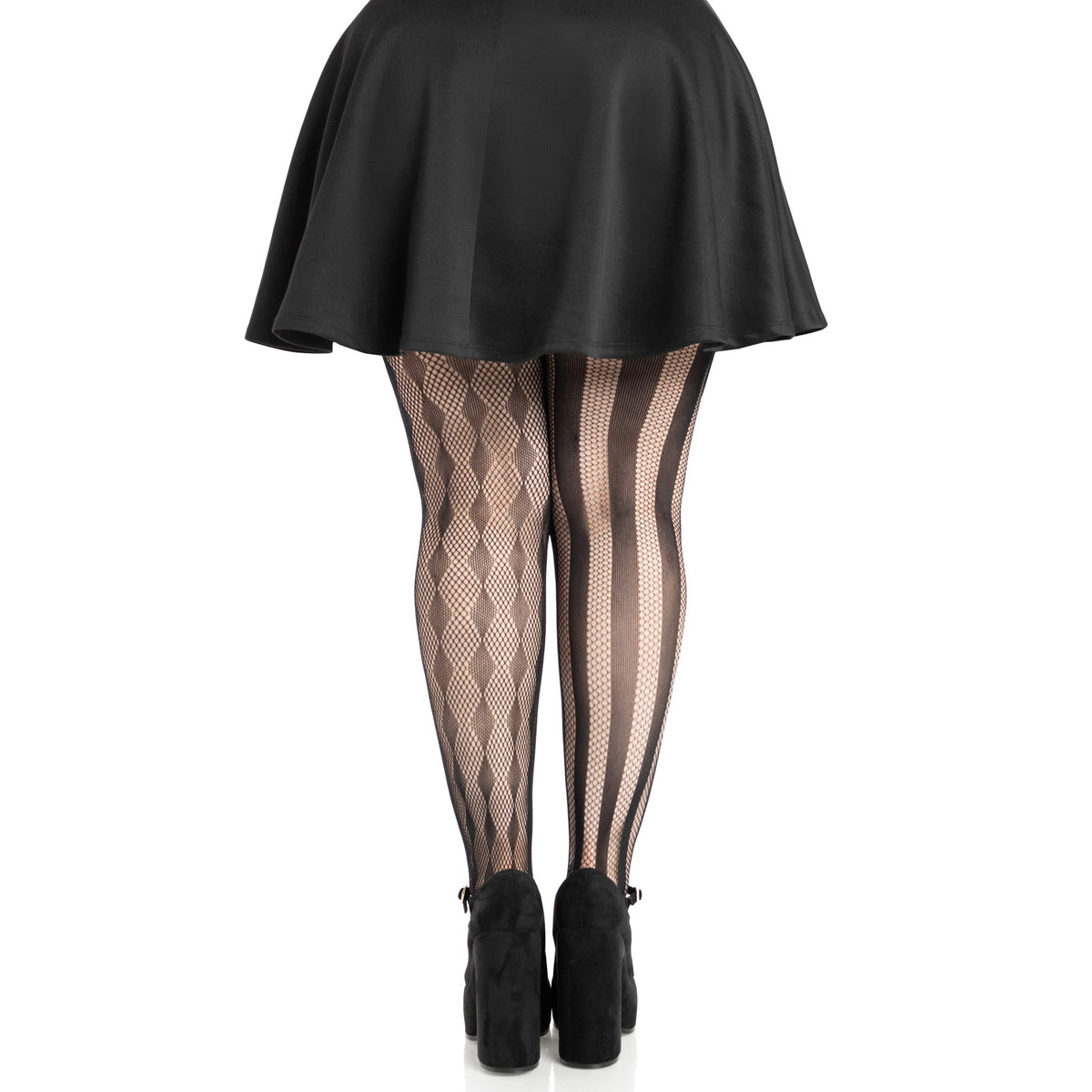 Back view of black harlequin stripe net tights in plus size - Golddiggers Boutique