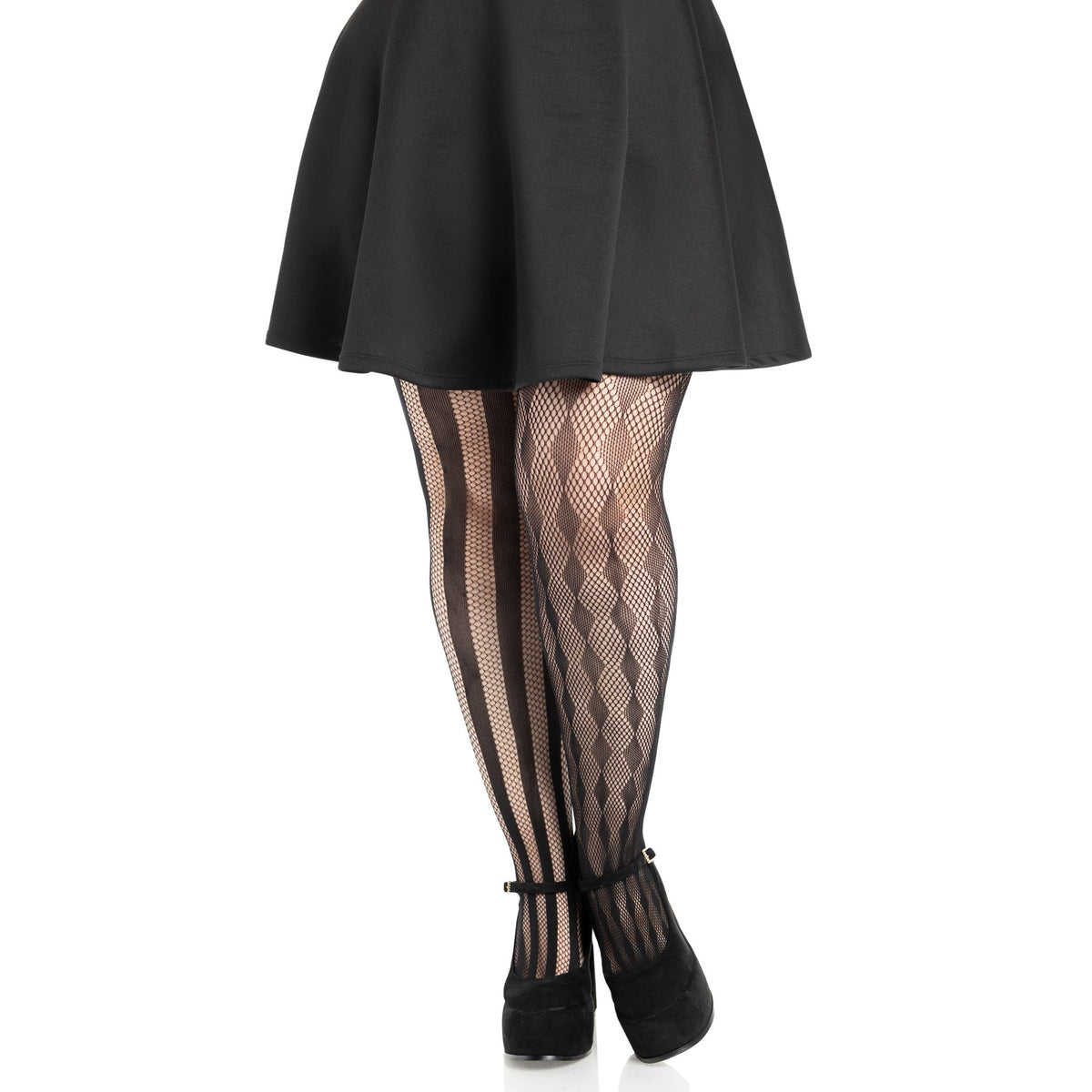Front view of black harlequin stripe net tights in plus size - Golddiggers Boutique