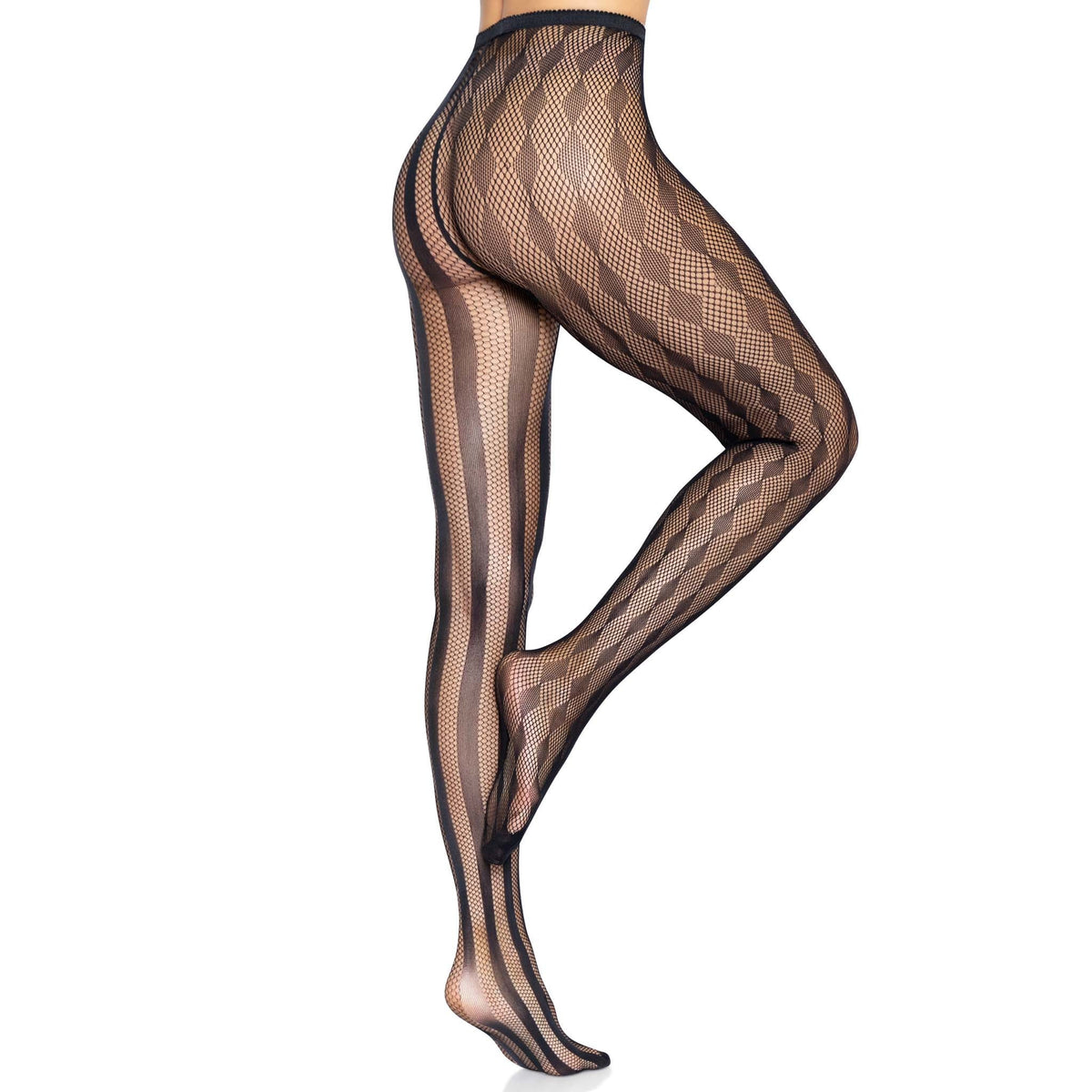 Side view of black harlequin stripe net tights - Golddiggers Boutique