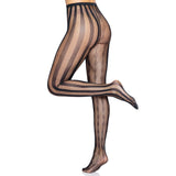 Side view of black harlequin stripe net tights - Golddiggers Boutique