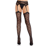 Front view of black heart net garter belt stockings with satin bows - Golddiggers Boutique