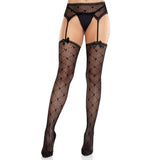 Front view of black heart net garter belt stockings with satin bows - Golddiggers Boutique