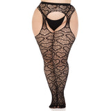 Front view of black heart net suspender tights in plus size - Golddiggers Boutique