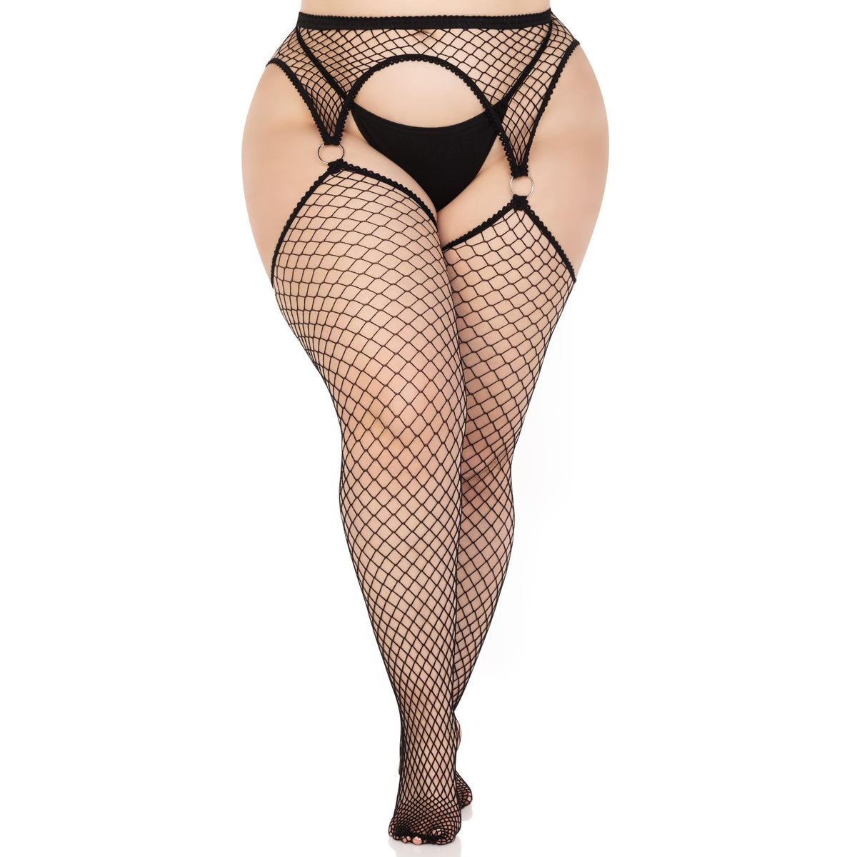 Front view of black industrial net stockings with o-ring garter belt in plus size - Golddiggers Boutique