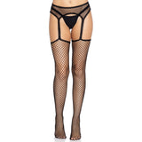 Front view of black industrial net stockings with scalloped garter belt - Golddiggers Boutique