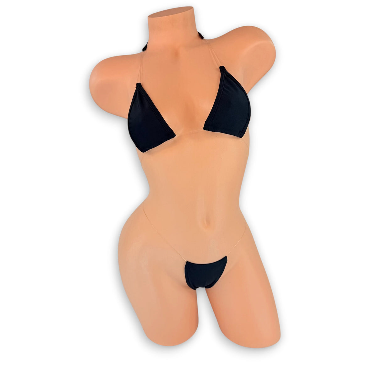 Black Jaime micro 'kini with triangle top and clear elastic g-string, front view on mannequin