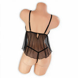 Back view of the Black Juliet mesh babydoll with adjustable straps, keyhole, and thong back on a mannequin - Golddiggers Boutique