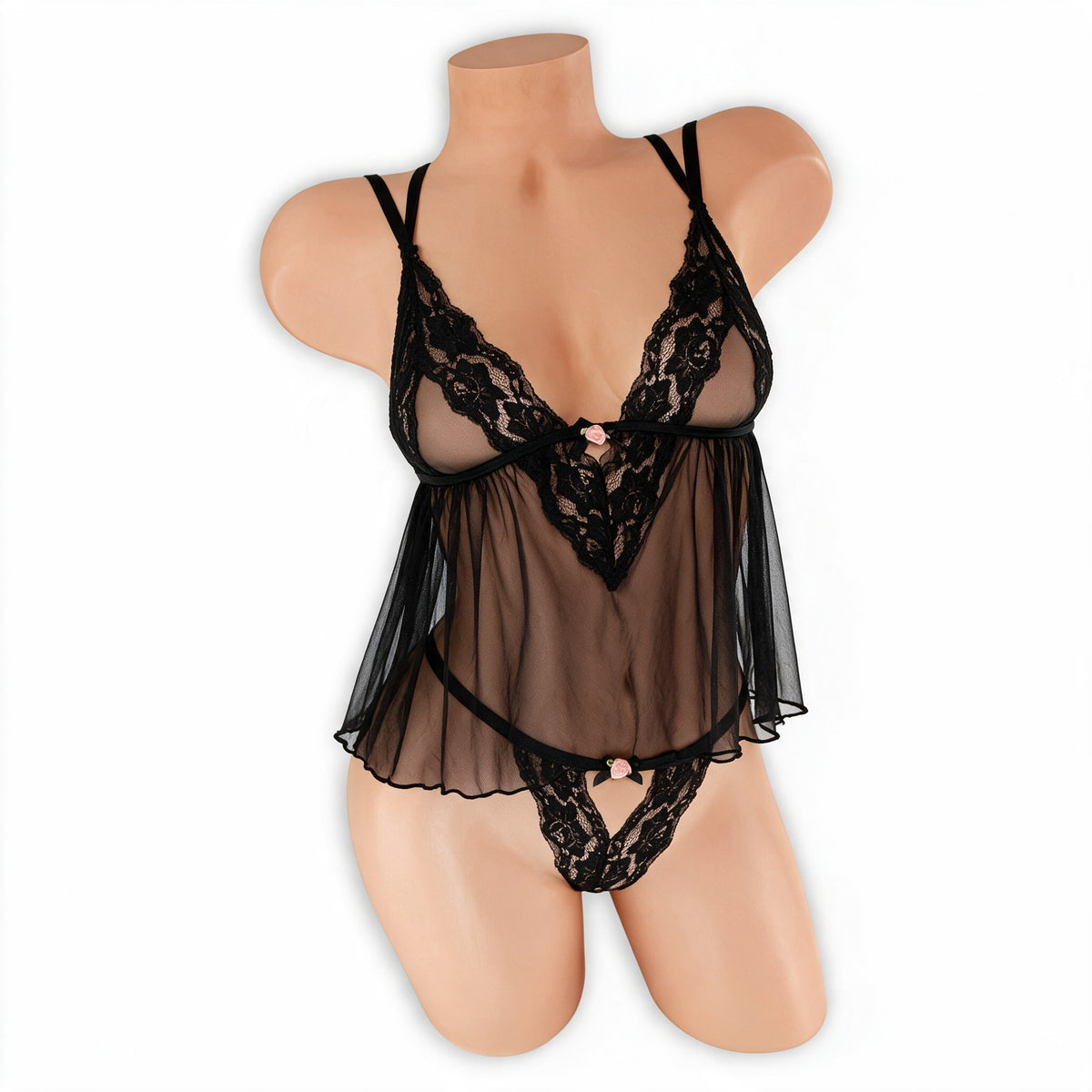 Front view of the Black Juliet sheer mesh babydoll with deep lace V and pink rosette, with matching lace thong, on a mannequin - Golddiggers Boutique