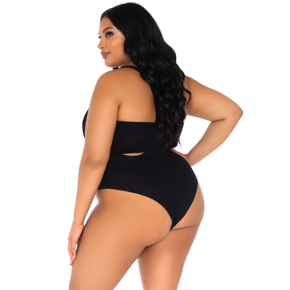 Close-up back view of black Kiara plus size bandeau and suspender bodysuit - Golddiggers Boutique