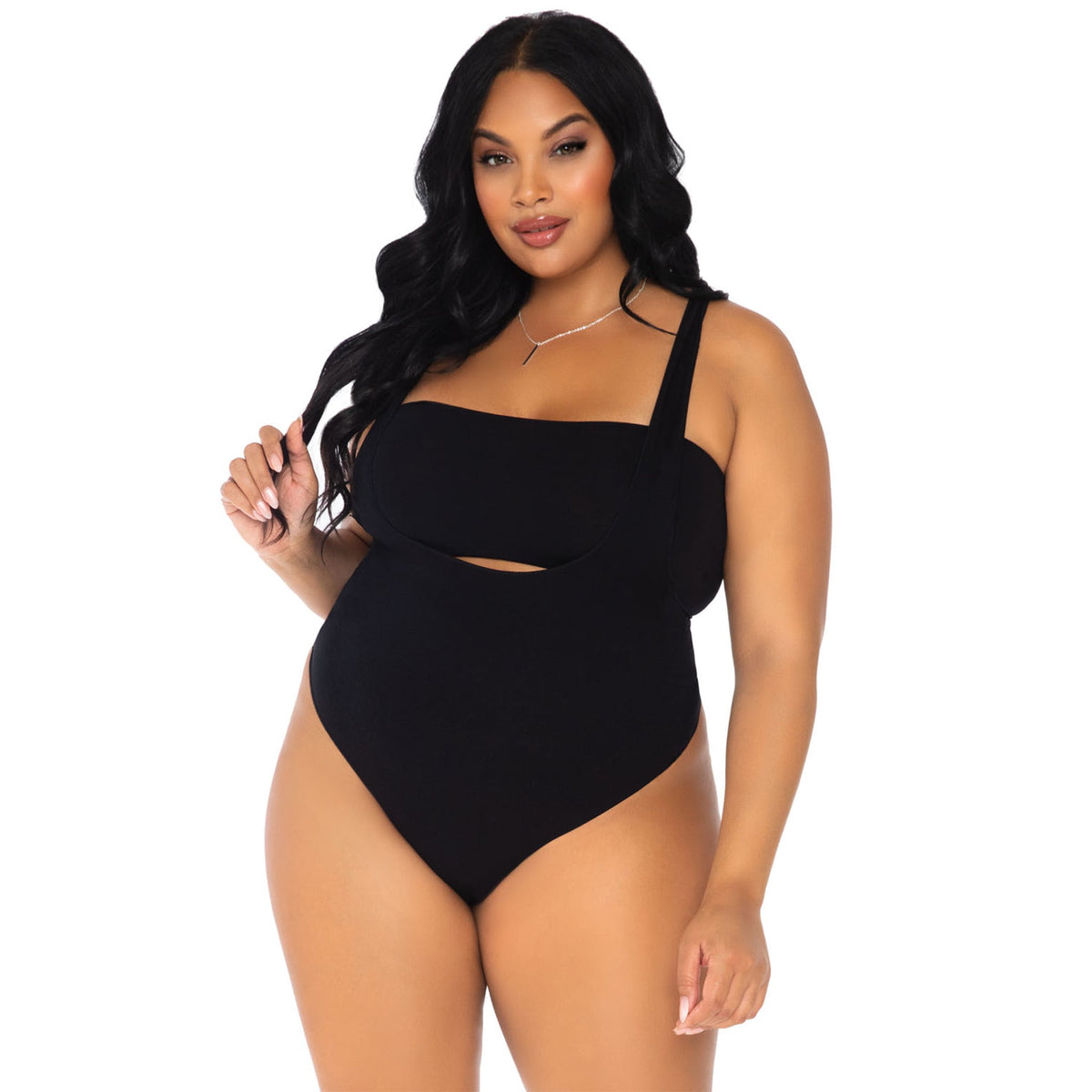 Close-up front view of black Kiara plus size bandeau and suspender bodysuit - Golddiggers Boutique