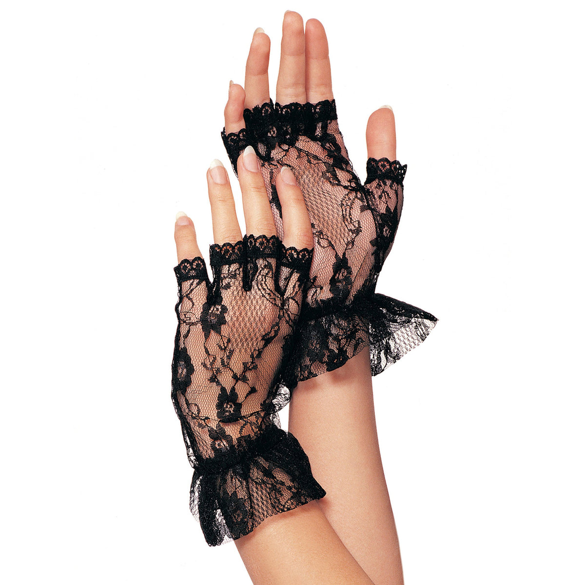 Close-up front view of black lace ruffle fingerless gloves - Golddiggers Boutique