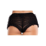 Close-up back view of black lace ruffle tanga shorts