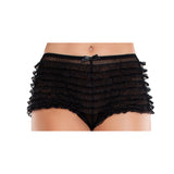 Close-up front view of black lace ruffle tanga shorts