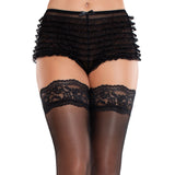 Close-up front view of black lace ruffle tanga shorts - Golddiggers Boutique