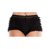 Front view of black lace ruffle tanga shorts