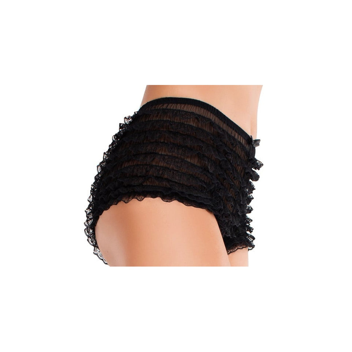 Side view of black lace ruffle tanga shorts