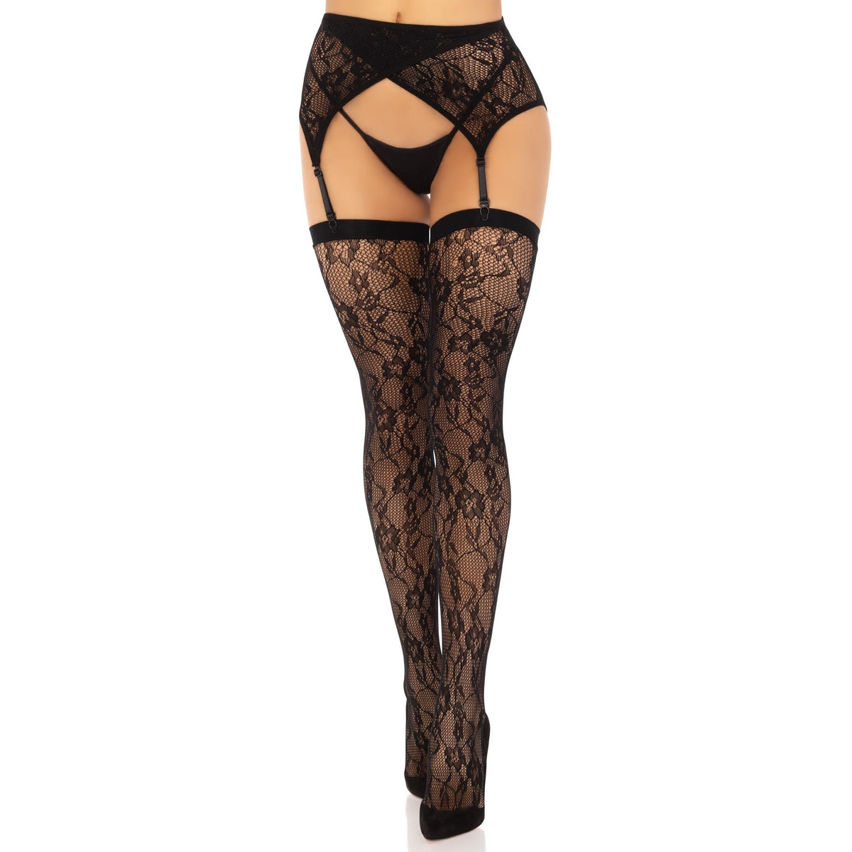 Front view of black lace thigh highs and crossover garter belt set - Golddiggers Boutique