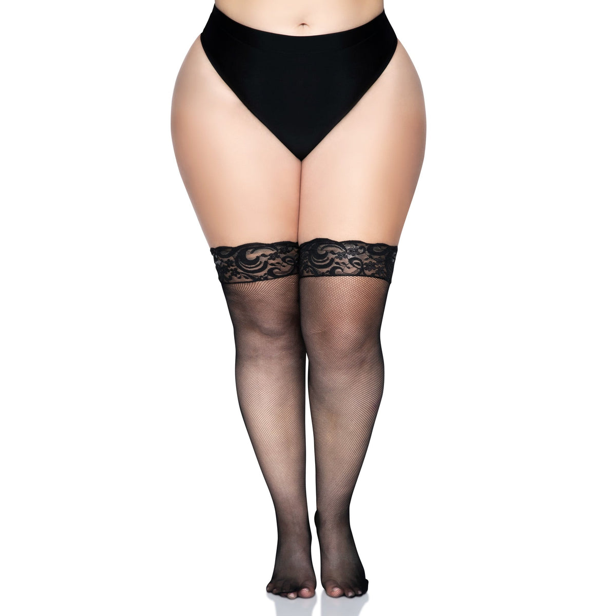 Front view of black lace top micro net stay-up thigh highs in plus size - Golddiggers Boutique