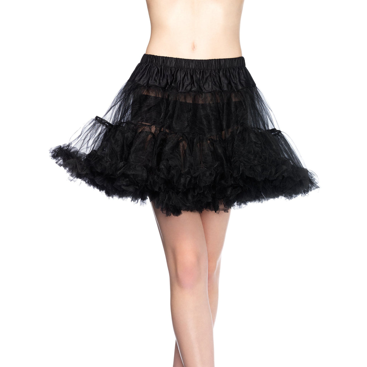 Close-up front view of black layered tulle mini petticoat - Golddiggers Boutique