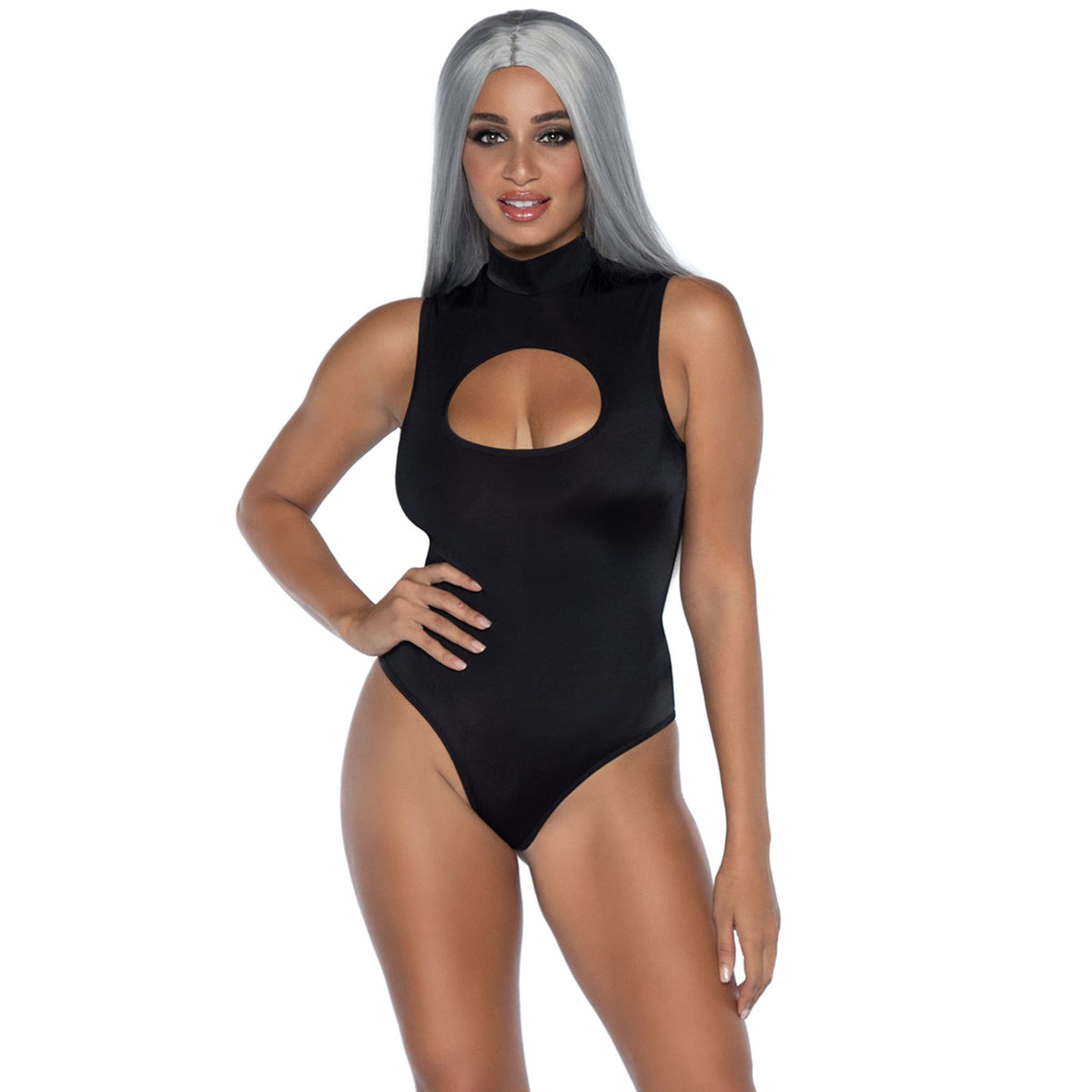 Close-up front view of black Layla sleeveless keyhole bodysuit - Golddiggers Boutique