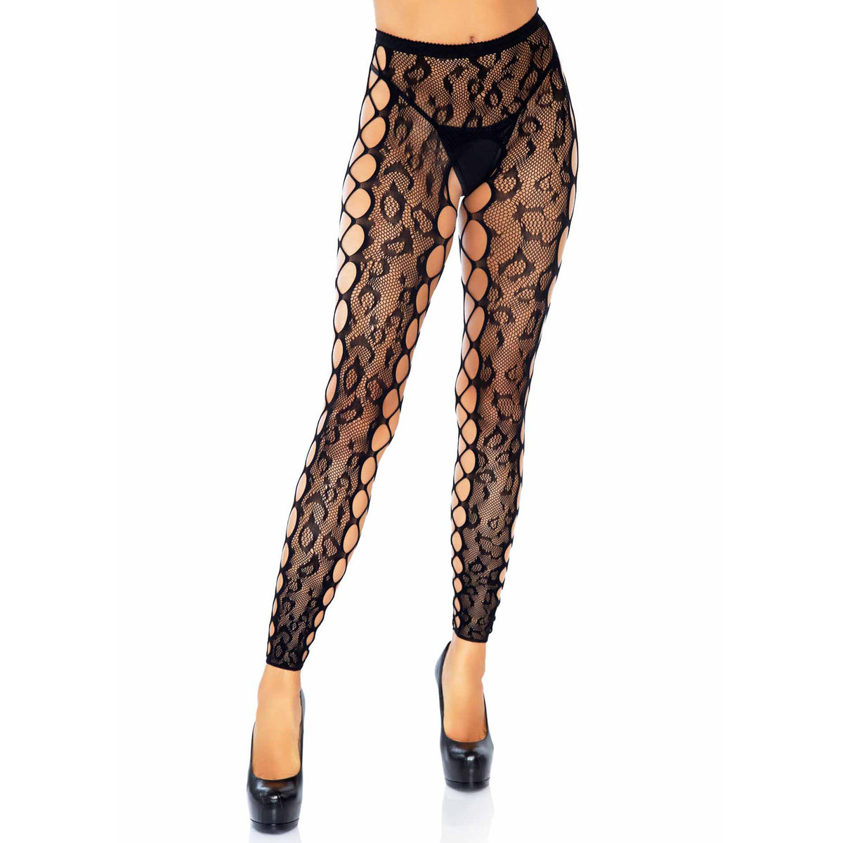 Front view of black leopard lace footless crotchless tights - Golddiggers Boutique