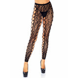 Front view of black leopard lace footless crotchless tights - Golddiggers Boutique
