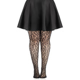 Front view of black leopard net tights in plus size - Golddiggers Boutique