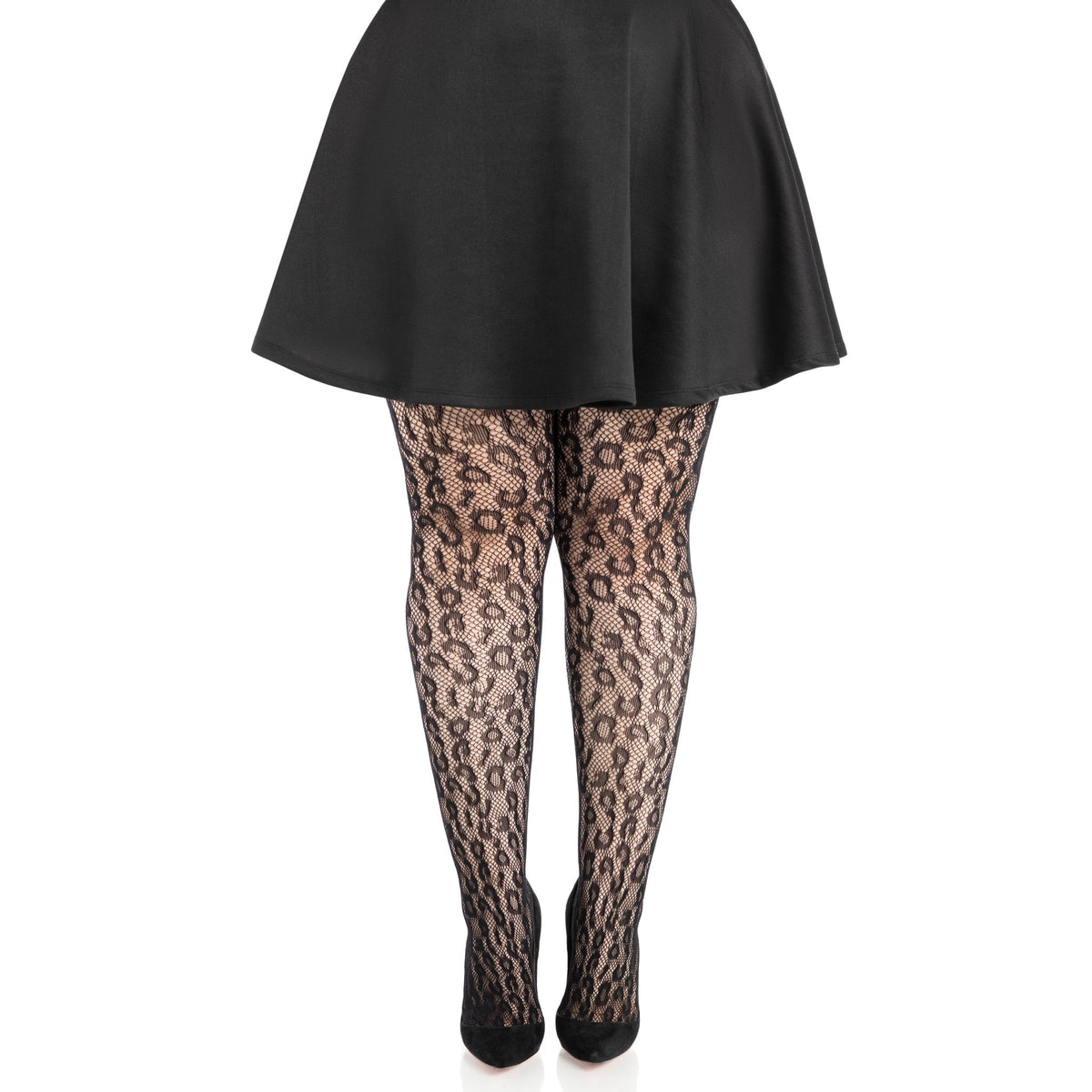 Front view of black leopard net tights in plus size - Golddiggers Boutique
