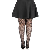 Front view of black leopard net tights in plus size - Golddiggers Boutique