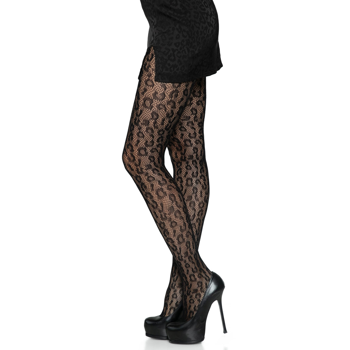 Side view of black leopard net tights - Golddiggers Boutique