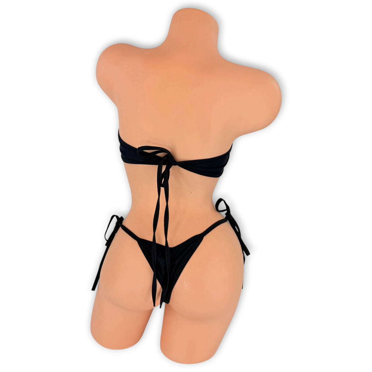 Black Lillian bandeau 'kini back view showing the tie-back bandeau and thong back