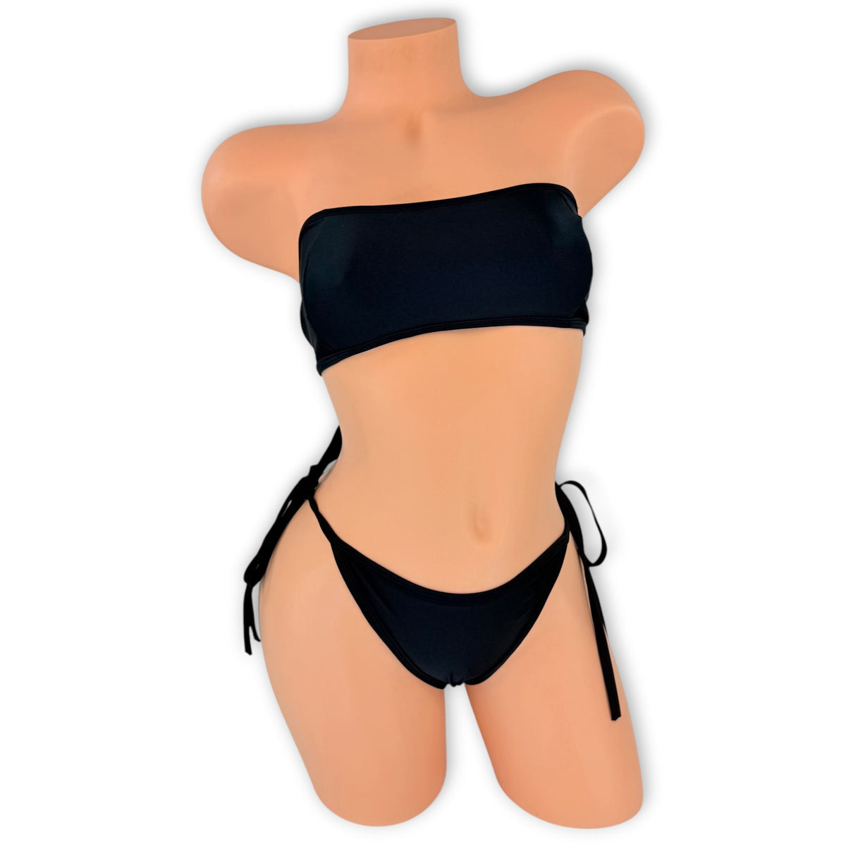 Black Lillian strapless bandeau and tie-side thong 'kini, front view on mannequin