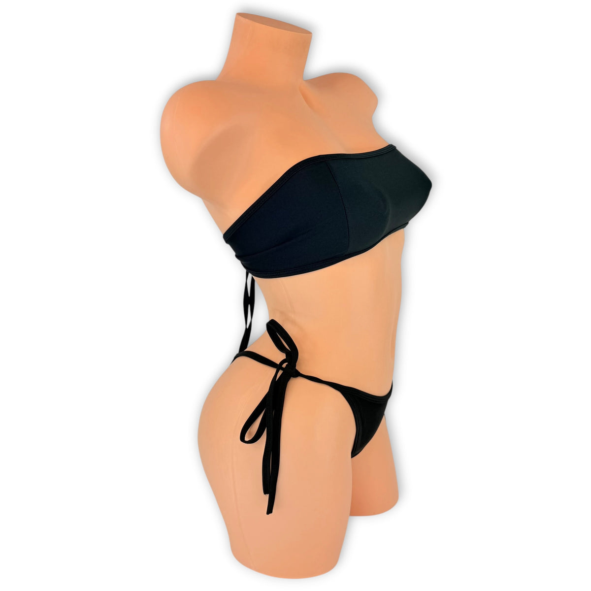 Black Lillian bandeau 'kini side view with the hip ties on the tie-side thong