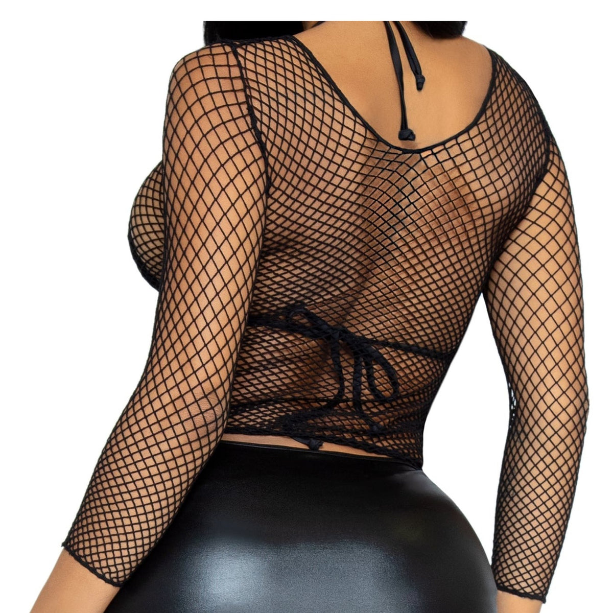 Close-up back view of black long sleeve industrial net top - Golddiggers Boutique