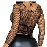 Close-up back view of black long sleeve industrial net top - Golddiggers Boutique