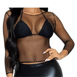 Close-up front view of black long sleeve industrial net top - Golddiggers Boutique