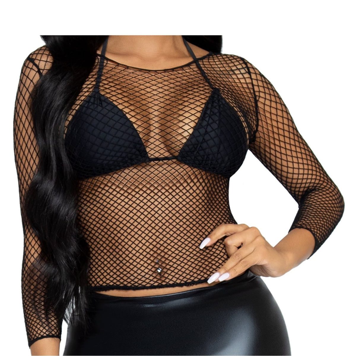 Close-up front view of black long sleeve industrial net top - Golddiggers Boutique